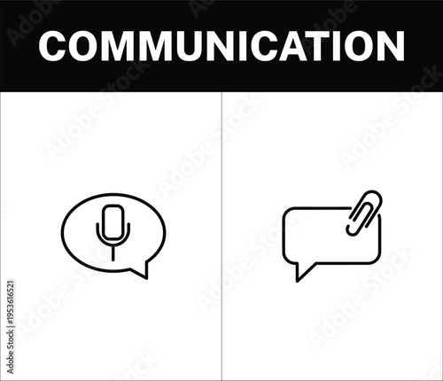 Set of 2 Communication Vector Icons: Speech Bubble with Microphone and Message Bubble with Paperclip, Ideal for Web, UI, and App Design