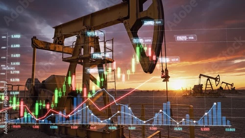 Industrial oil pump jack operating alongside digital stock market financial chart and data analytics representing energy sector economy and global petroleum trade investment trend