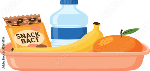 Vector Illustration of a Snack Tray with Bananas, Orange, Water Bottle, and Snack Package on a Solid White Background