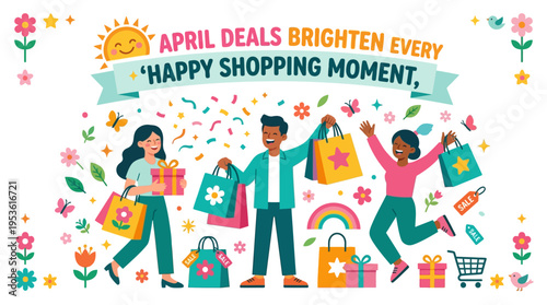 Happy Shoppers Celebrating April Sales With Colorful Decor