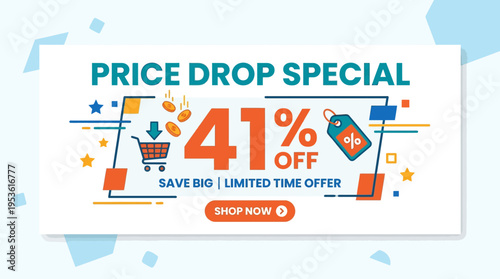 Price Drop Special 41% Off Sale Banner with Shopping Cart and Discount Tag