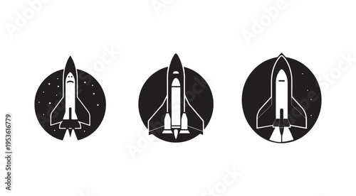Space shuttle icons in different angles on starry night backgrounds  rockets in white and black colors