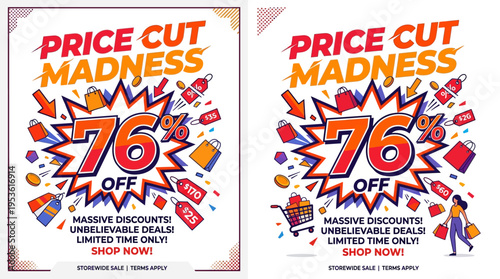 Price Cut Madness Sale - 76% Off with Shopping Bags and Sale Tags