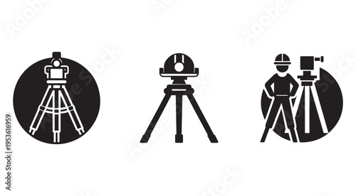 Surveying equipment icons including theodolite and surveyor  construction and measurement tools
