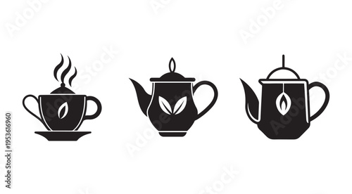 Tea cup and teapot icons with leaf designs on white background  tea time symbols