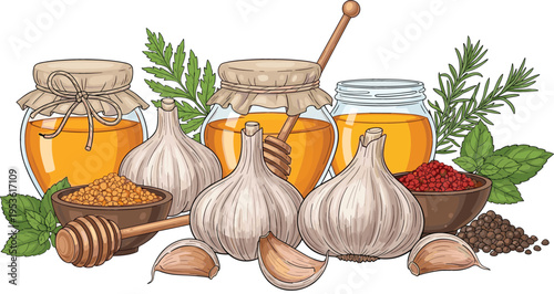 Vector Illustration of Garlic, Honey, Spices, and Herbs in a Natural Wellness Setting on a Solid White Background