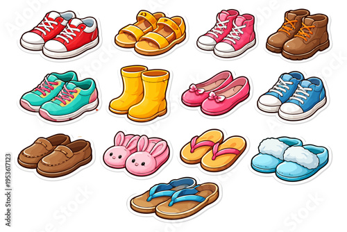 Colorful cartoon shoes collection for kids in various styles and designs.