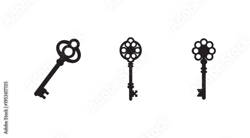 Three antique skeleton keys with ornate floral designs on the head isolated on white background