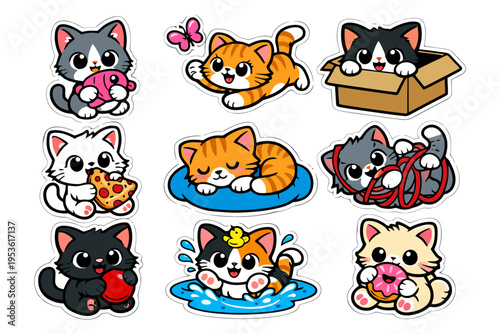 Cute cartoon cats engaged in playful activities with toys and accessories.