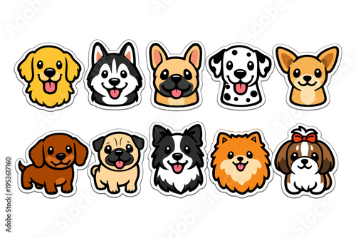 Cute cartoon dog faces collection with various breeds and expressions.