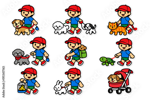 Cartoon boy walking various pets including dogs, cat, turtle, and rabbit.