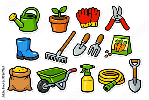 Colorful gardening tools set with gloves, watering can, and wheelbarrow.