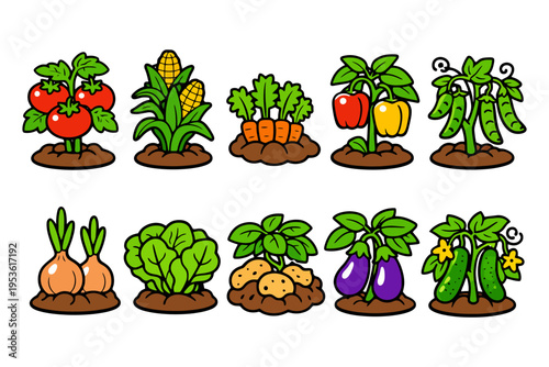 Cartoon vegetable garden icons: tomatoes, corn, carrots, peppers, peas, onions, lettuce, potatoes, eggplants, cucumbers.