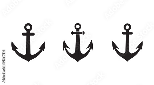 Three black anchor icons in different orientations on white background for maritime or navigation concepts  symbolizing stability and security