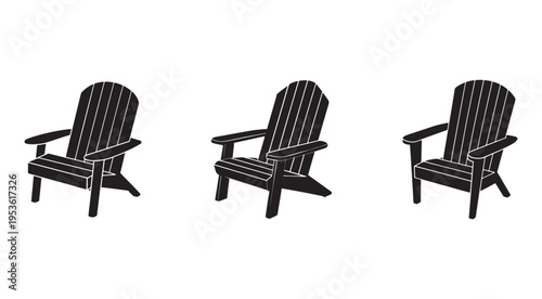 Three black Adirondack chairs in different angles for outdoor seating furniture design  isolated on white background