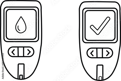 Line drawing of two glucometers with different symbols on the screen