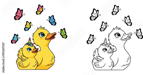 Adorable Mother Duck and Unicorn Duckling with Butterflies - Colorful and Line Art Versions