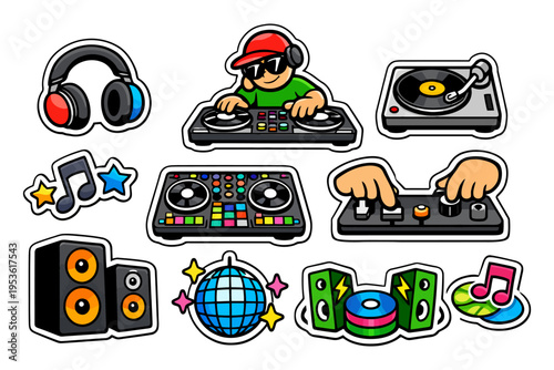 Colorful dj equipment and music icons set with turntables and headphones.