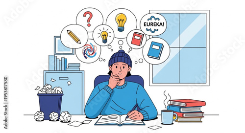 Person Surrounded by Idea Bubbles Contemplating Creative Solutions.