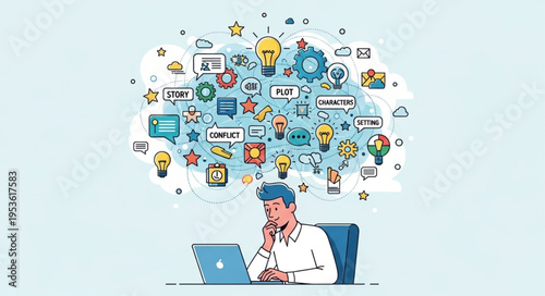 Man Overwhelmed by Information and Ideas While Working on Laptop.