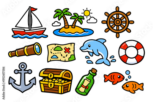 Colorful nautical adventure icons: sailboat, tropical island, dolphin, treasure map.