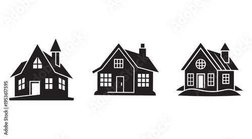 Three black and white house silhouettes with chimneys and windows on a white background  simple iconic residential buildings