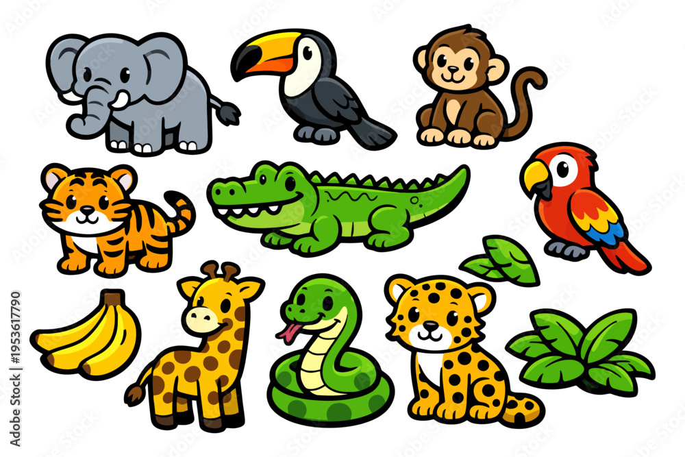 Fototapeta premium Colorful cartoon jungle animals collection featuring elephant, toucan, tiger, and more.