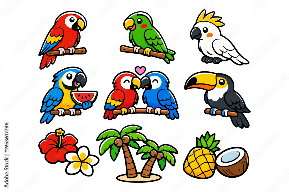 Fototapeta premium Colorful tropical birds and elements: parrots, toucans, palms, and fruits.