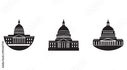 Three black and white silhouettes of the United States Capitol building in Washington DC from different angles  architectural landmarks  government buildings