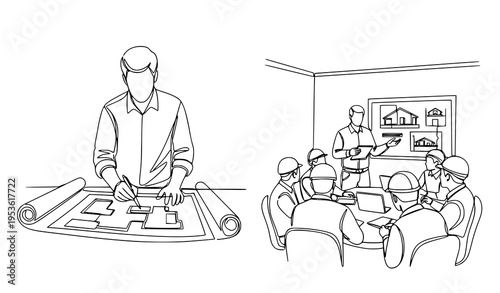 A minimalist line art illustration of architects working on a building plan and in a meeting