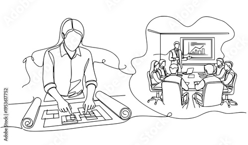 A minimalist line art illustration of a woman planning and imagining a business presentation