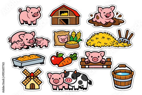 Cartoon farm animals and barnyard elements with pigs and cow.