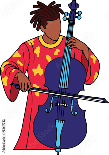 Musician Playing Cello with Dreadlocks and Colorful Robe.
