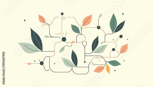 A serene and clean illustration featuring leaves and abstract shapes, perfect for wellness brands, calming backgrounds, or nature-inspired designs.  T