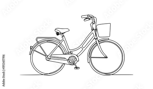 A minimalist line art illustration of a bicycle with a basket