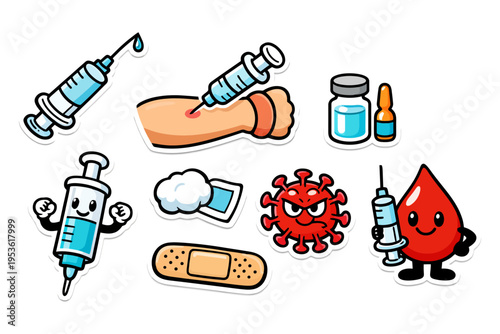Cartoon health icons with syringe, virus, blood drop, vaccine, and bandage illustrations.