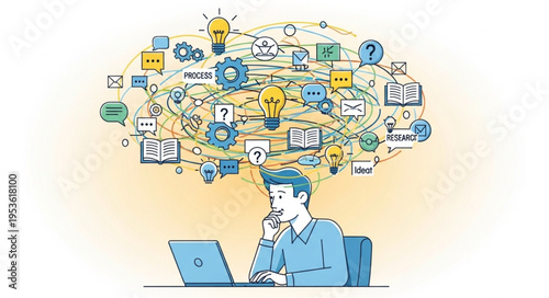 Man Working on Laptop Surrounded by Ideas and Information Overload.