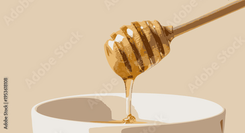 Honey dripping from wooden honey dipper.