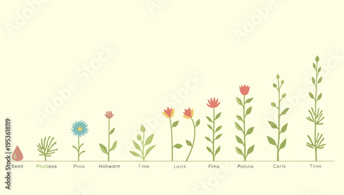 A gentle illustration depicting the stages of plant growth, from seed to bloom. Perfect for educational materials, springtime concepts, or representin