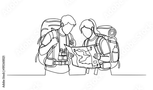 A minimalist line art illustration of two hikers with backpacks studying a map