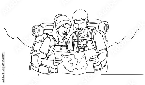 A vector illustration of a couple planning their adventure with a map