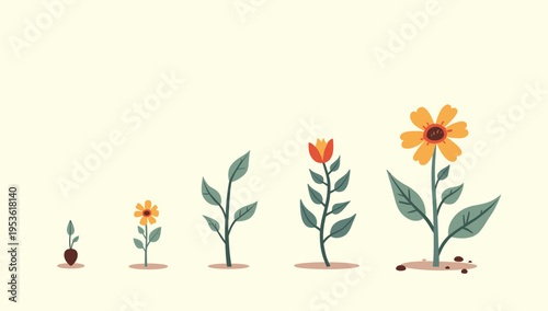 A minimalist illustration depicting plant growth stages. Perfect for concepts relating to development, new beginnings, and lifecycle.  Use for blogs o