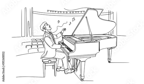 A minimalist line art illustration of a man playing a grand piano