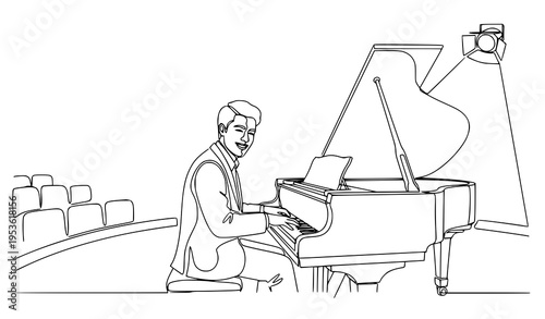 A minimalist line art illustration of a man playing a grand piano