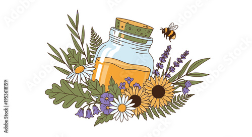 Honey jar with flowers and bee.