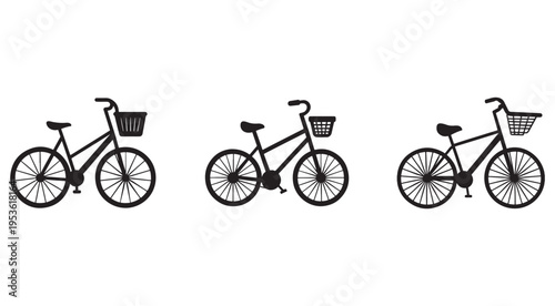 Three black bicycle silhouettes with baskets on white background  side view  transportation icons