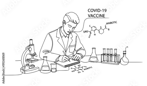 A scientist in a lab coat working on COVID-19 vaccine research