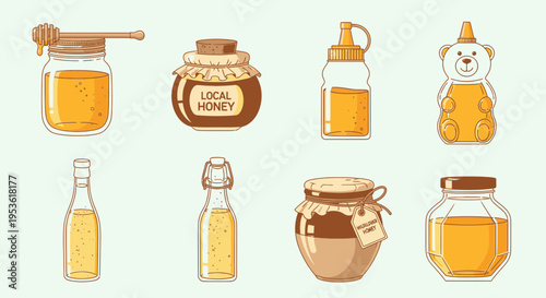 Honey jars and bottles collection.