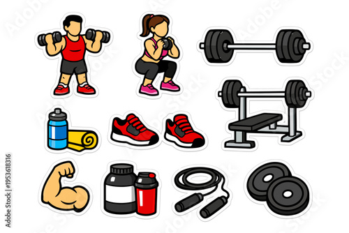 Fitness equipment and exercise icon set with dumbbells and supplements.