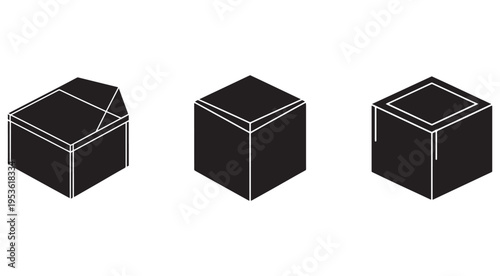 Three black boxes with white outlines in different states of opening on white background  closed box  open box  box with lid  packaging icons